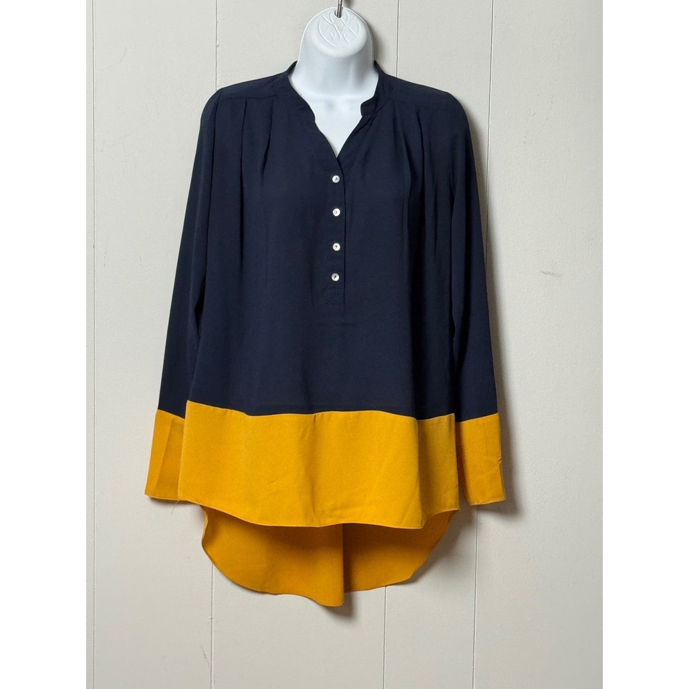 Gianni Bini Women's Navy Blue Mustard Yellow Colorblock High Low Blouse Size XS